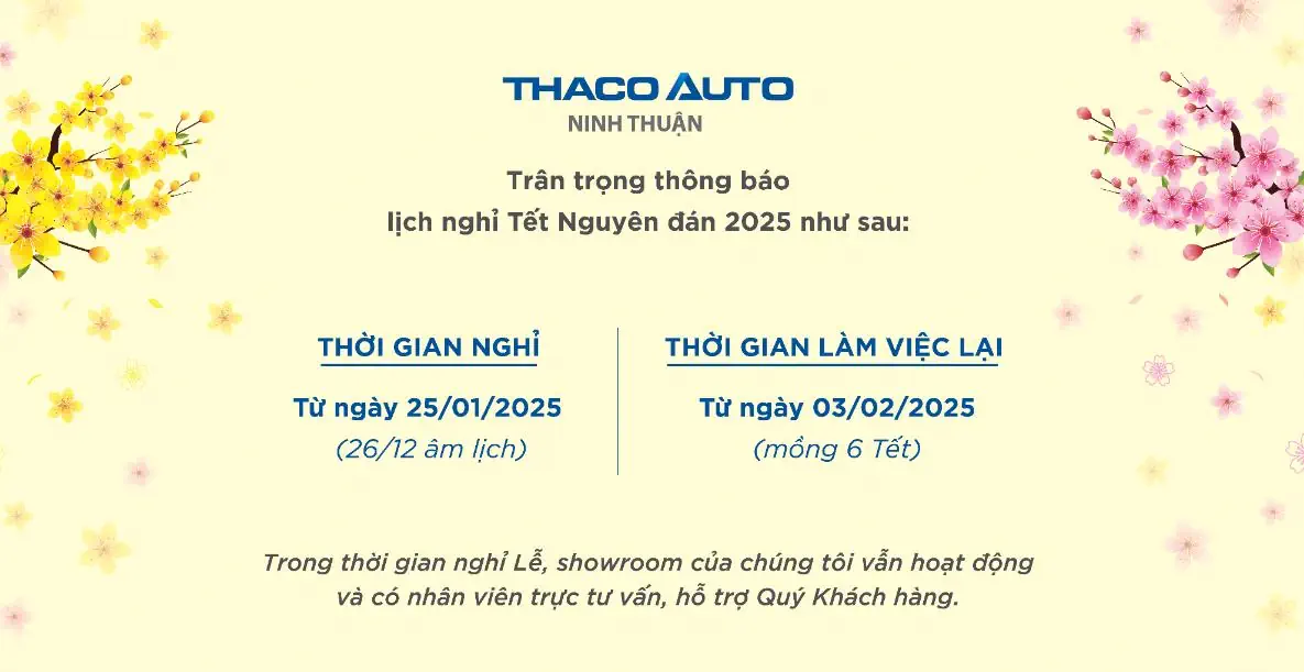 Thông báo lịch nghỉ tết nguyên đán của THACO AUTO Ninh Thuận