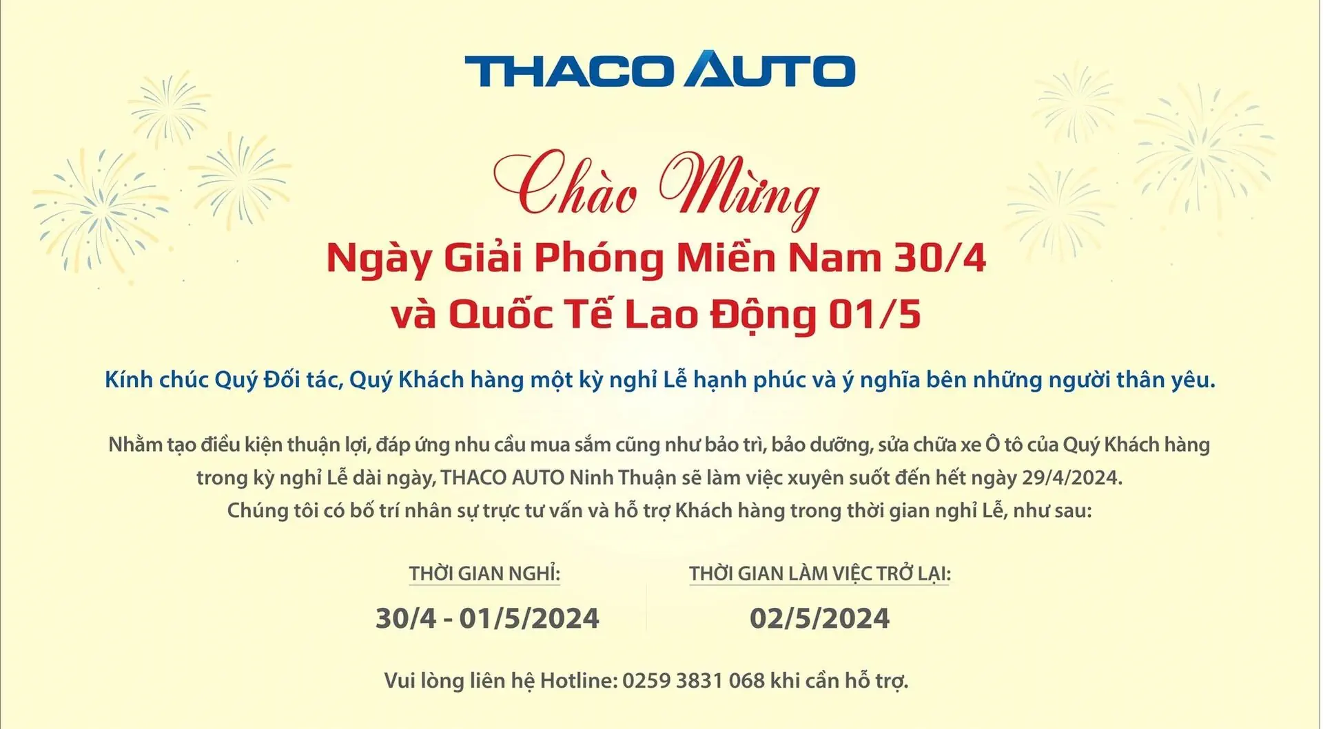 THACO AUTO NINH THUẬN THÔNG BÁO LỊCH HOẠT ĐỘNG TRONG DỊP LỄ 30/04 - 01/05